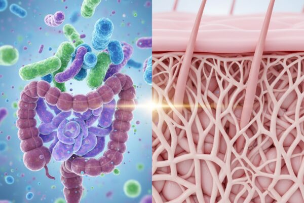 Scientific graphic showing how gut bacteria support collagen, firmness, and elasticity.