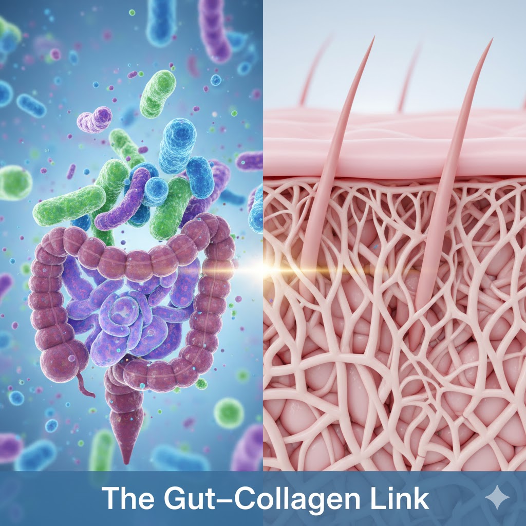 Scientific graphic showing how gut bacteria support collagen, firmness, and elasticity.