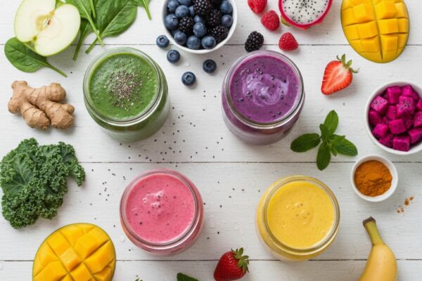 Colorful gut-friendly smoothies with skin-glowing ingredients displayed on a clean background.