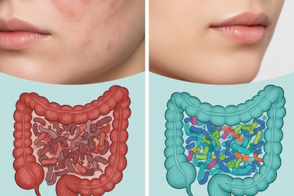 Illustration showing how gut health influences acne and skin clarity.