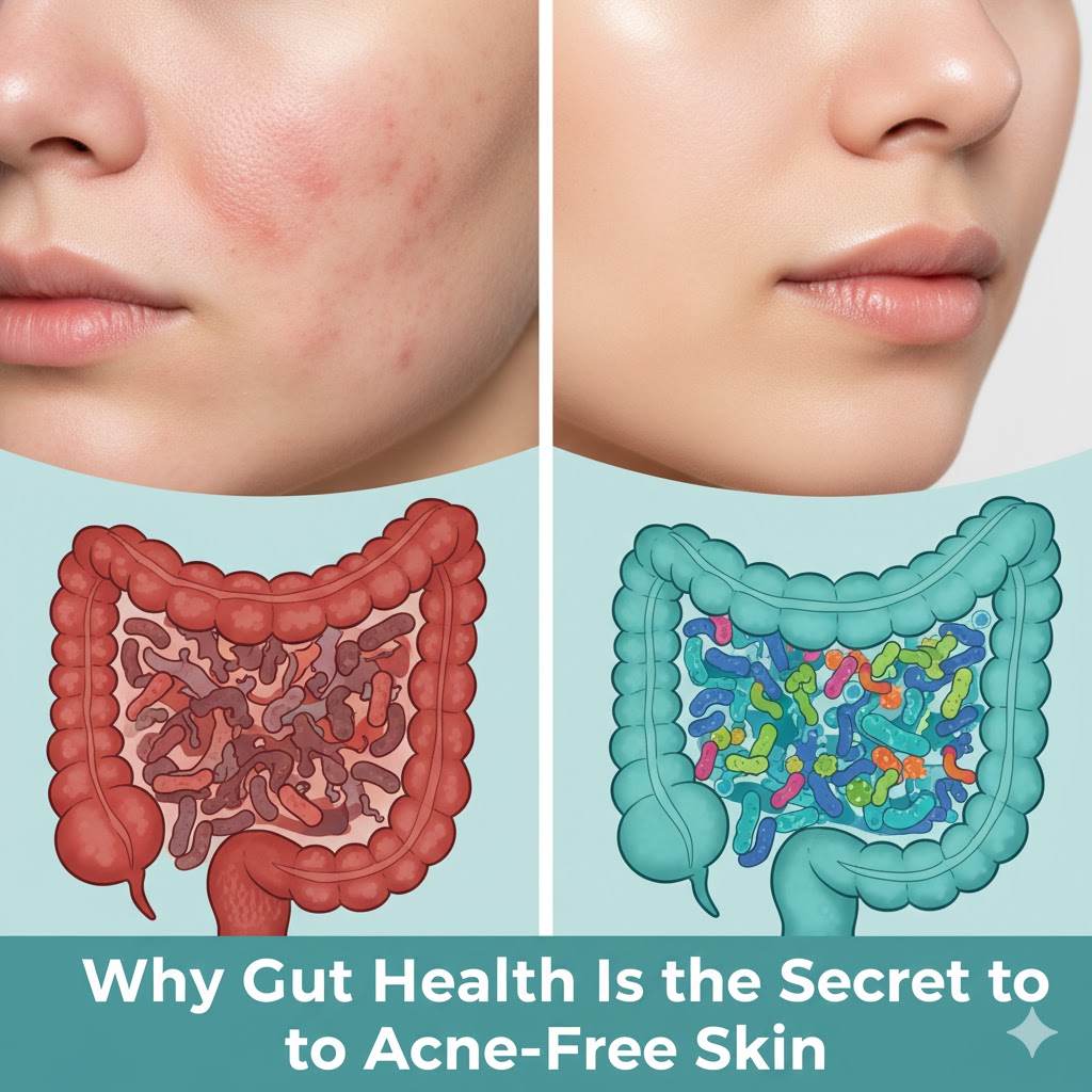Illustration showing how gut health influences acne and skin clarity.