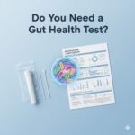 Illustration of at-home gut health test kit and microbiome results.