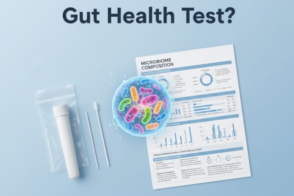 Illustration of at-home gut health test kit and microbiome results.