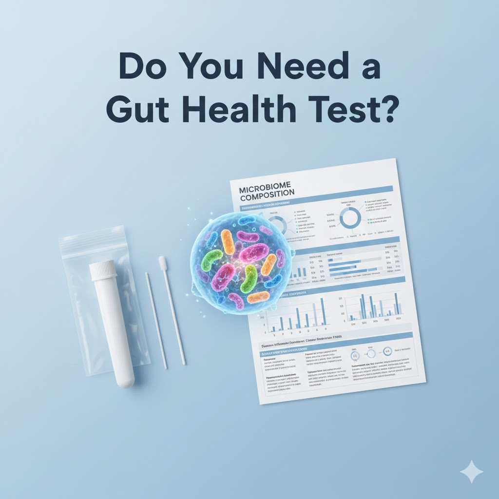 Illustration of at-home gut health test kit and microbiome results.