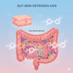 Illustration showing how gut bacteria influence estrogen and skin health.