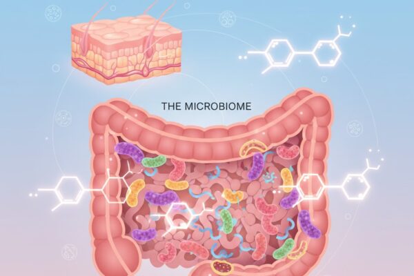 Illustration showing how gut bacteria influence estrogen and skin health.