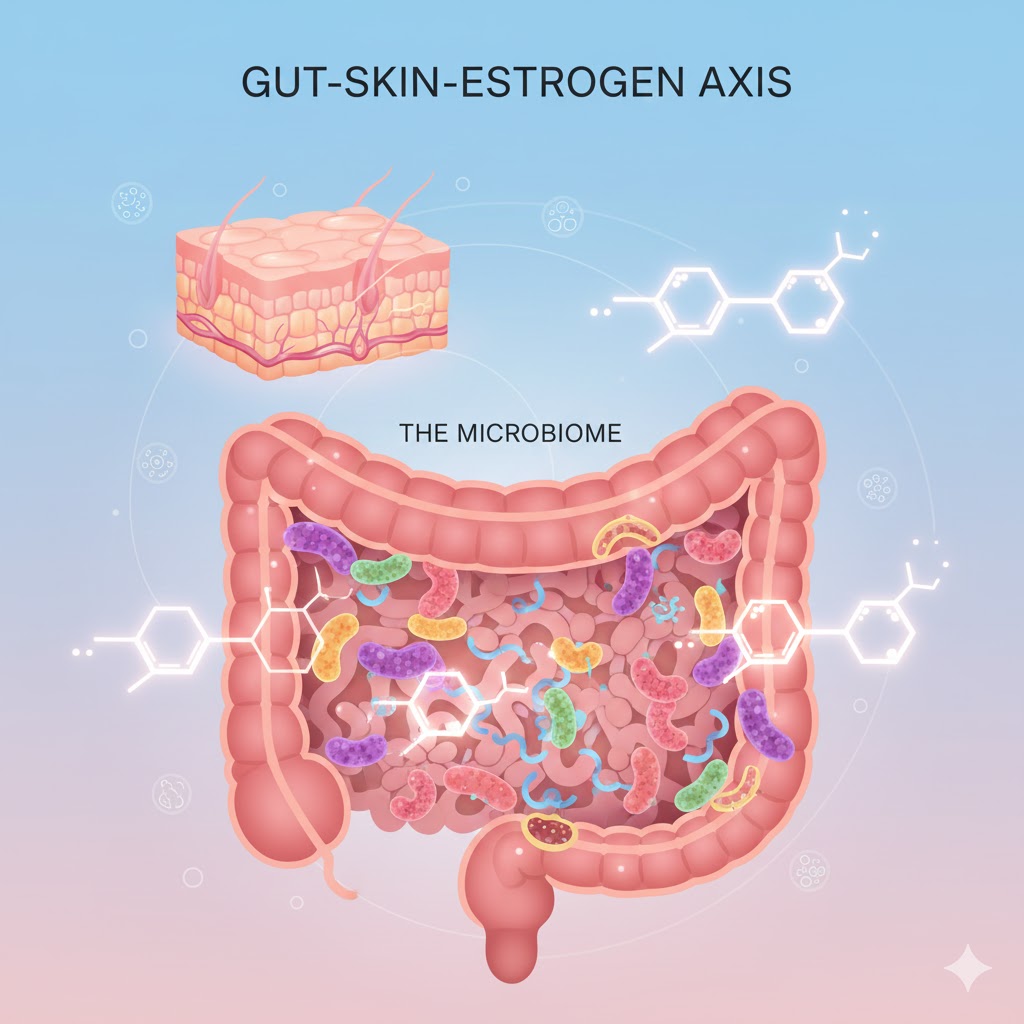 Illustration showing how gut bacteria influence estrogen and skin health.