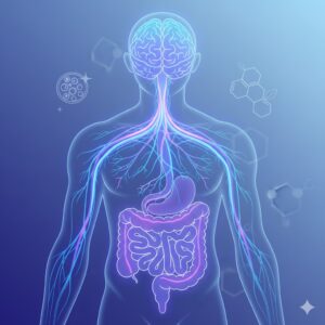 Illustration showing the gut–brain axis affecting mood, skin, and hormones.
