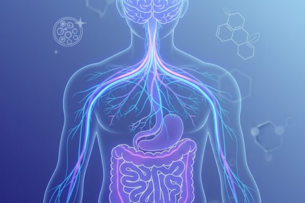 Illustration showing the gut–brain axis affecting mood, skin, and hormones.