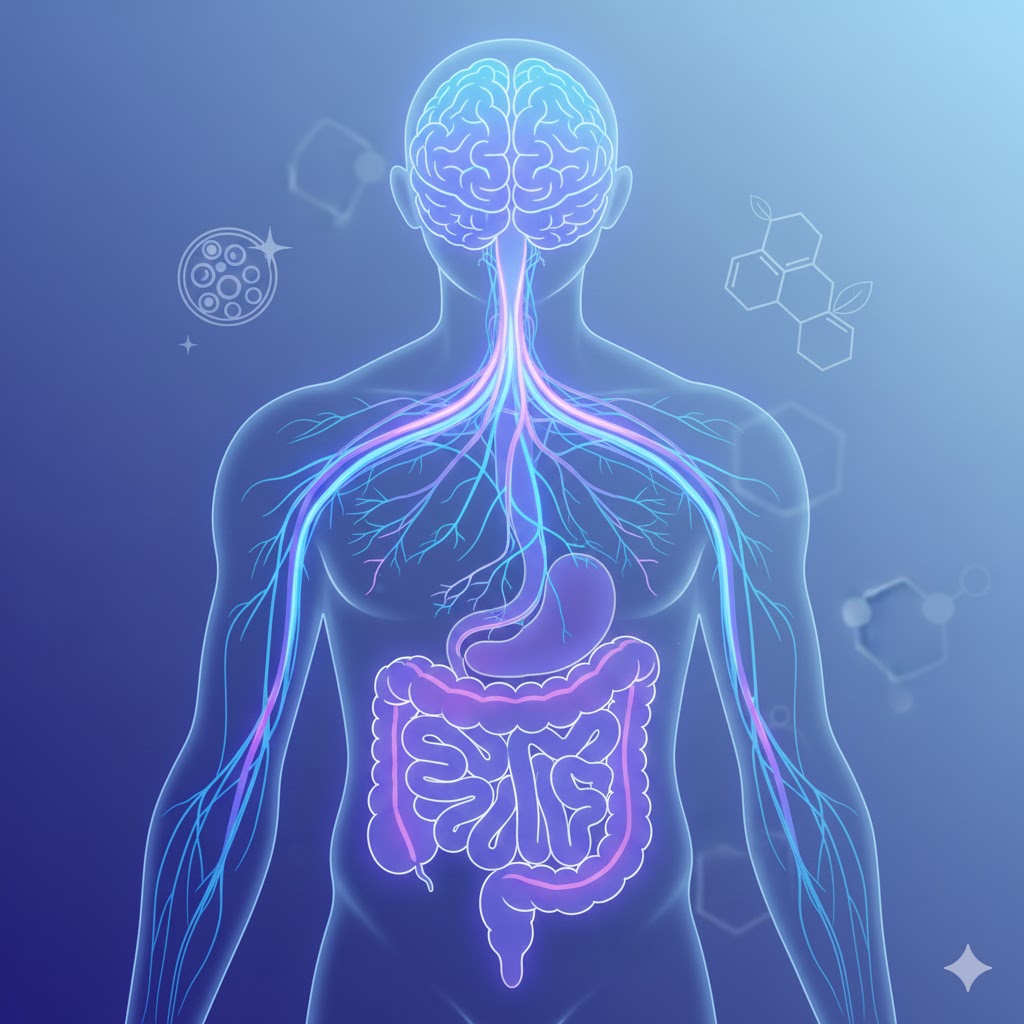 Illustration showing the gut–brain axis affecting mood, skin, and hormones.