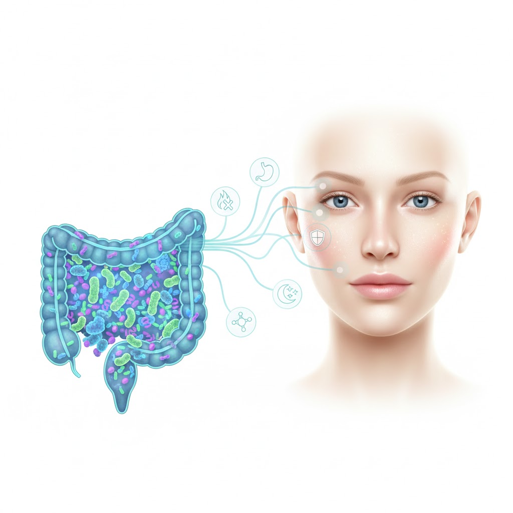 Illustration showing the gut–skin axis and how gut health influences skin clarity, inflammation, and overall wellness.