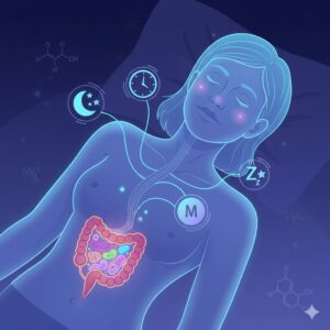 Illustration showing the connection between gut health, sleep quality, and tired skin.