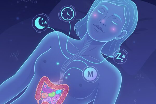 Illustration showing the connection between gut health, sleep quality, and tired skin.