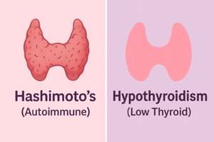 Illustration comparing Hashimoto’s and hypothyroidism in women.