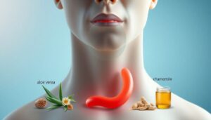 Medical illustration showing an inflamed esophagus with natural remedies including aloe, chamomile, and honey.