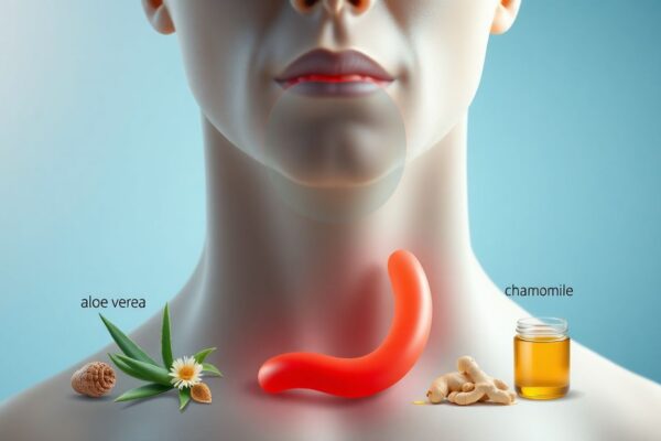 Medical illustration showing an inflamed esophagus with natural remedies including aloe, chamomile, and honey.