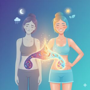 Illustration showing the connection between gut health, energy levels, and skin appearance.