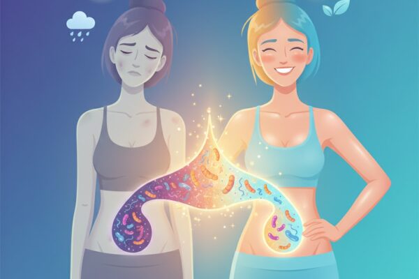 Illustration showing the connection between gut health, energy levels, and skin appearance.