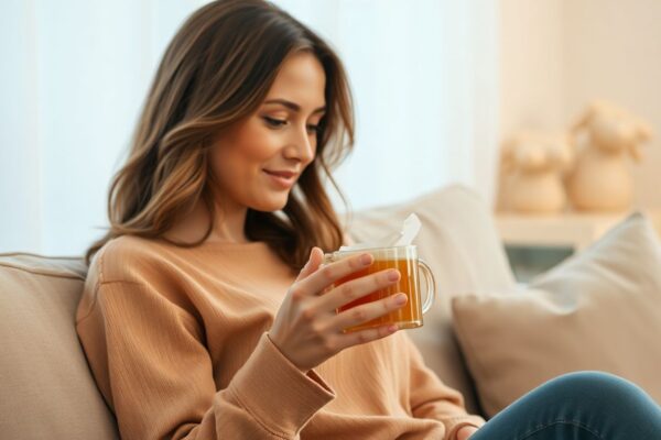 Woman calmly experiencing lung detox symptoms, holding a tissue and herbal tea with understanding.