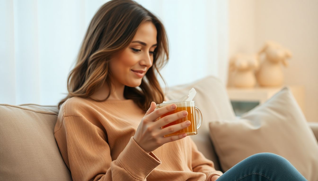 Woman calmly experiencing lung detox symptoms, holding a tissue and herbal tea with understanding.