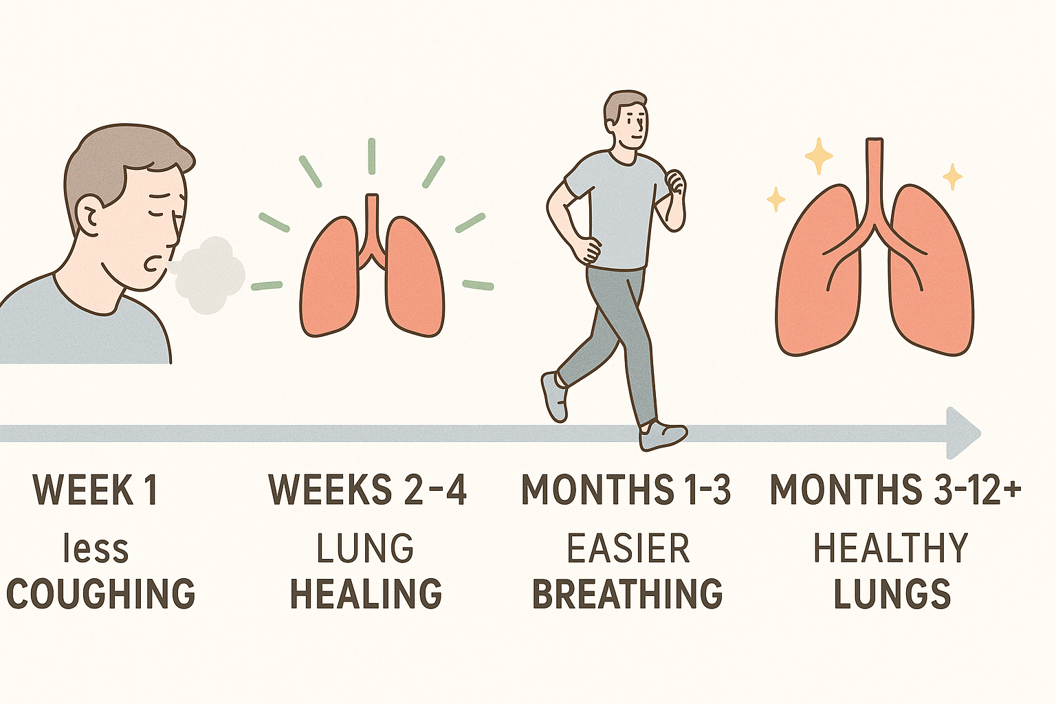 Visual timeline showing lung detox progression from initial cleansing to full regeneration over weeks and months.