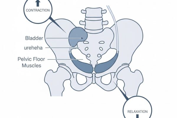 Diagram of male pelvic floor muscles showing contraction and relaxation relevant to BPH and bladder control."