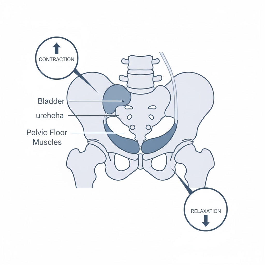 Diagram of male pelvic floor muscles showing contraction and relaxation relevant to BPH and bladder control."