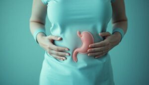 Woman with menopause bloating and water retention.