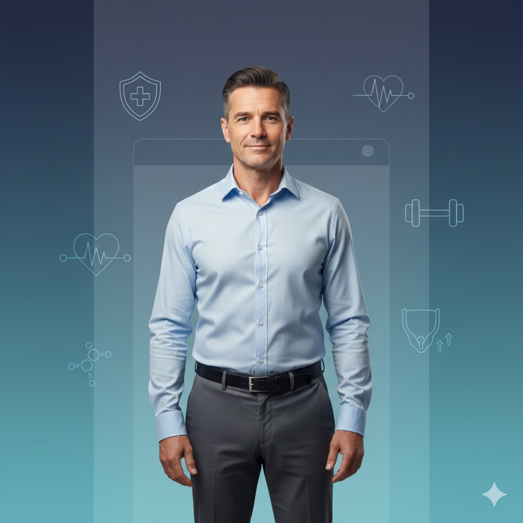 Men’s Health Hub featuring a healthy adult man with icons for testosterone, prostate health, strength, and healthy aging.