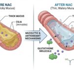 Scientific illustration showing how NAC (N-Acetyl Cysteine) breaks down thick lung mucus and boosts glutathione production for antioxidant protection.