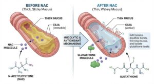 Scientific illustration showing how NAC (N-Acetyl Cysteine) breaks down thick lung mucus and boosts glutathione production for antioxidant protection.
