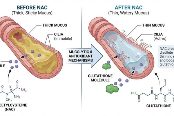 Scientific illustration showing how NAC (N-Acetyl Cysteine) breaks down thick lung mucus and boosts glutathione production for antioxidant protection.