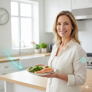 Natural blood sugar management guide showing a healthy meal and a smooth glucose curve for metabolic health.