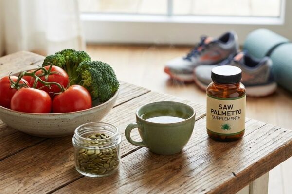 A collection of natural remedies for prostate health: fresh vegetables, supplements, pumpkin seeds, and green tea on a wooden table.