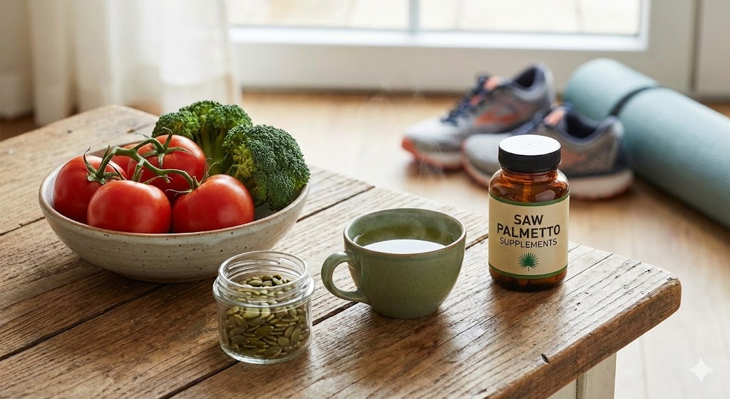 A collection of natural remedies for prostate health: fresh vegetables, supplements, pumpkin seeds, and green tea on a wooden table.