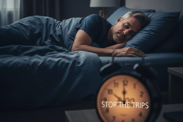 A man sleeping peacefully through the night, representing the goal of overcoming nocturia and frequent bathroom trips.