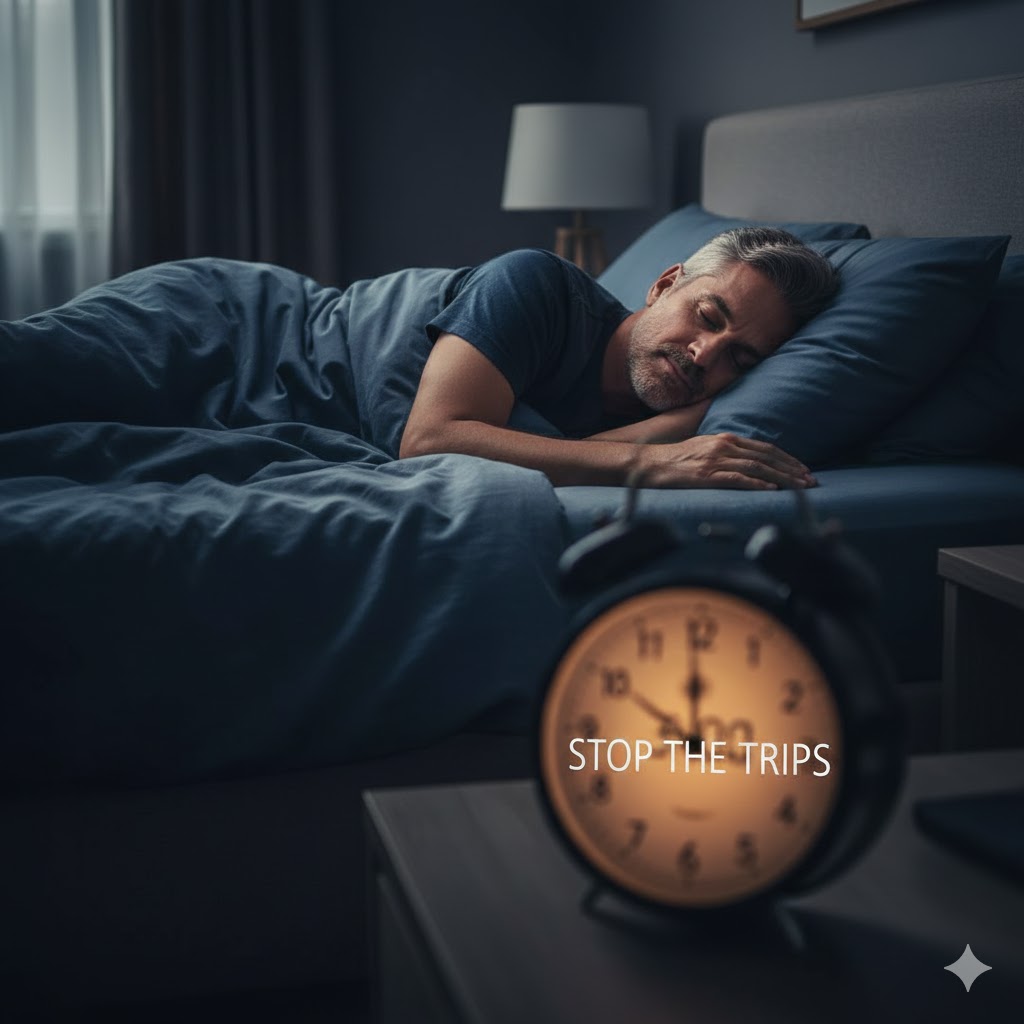 A man sleeping peacefully through the night, representing the goal of overcoming nocturia and frequent bathroom trips.