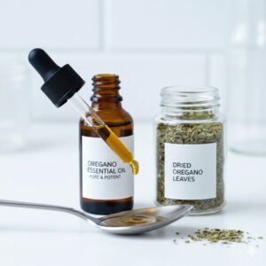 Oregano essential oil being properly diluted in carrier oil for safe use in respiratory support.