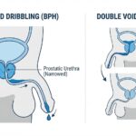 Diagram showing urine trapped in the urethra due to BPH (causing post-void dribble) and how double voiding empties it.