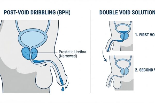 Diagram showing urine trapped in the urethra due to BPH (causing post-void dribble) and how double voiding empties it.