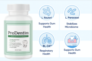 ProDentim ingredient infographic showing probiotic strains L. Reuteri, L. Paracasei, and BL-04.