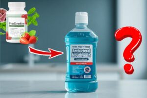 ProDentim vs antibacterial mouthwash comparison graphic.