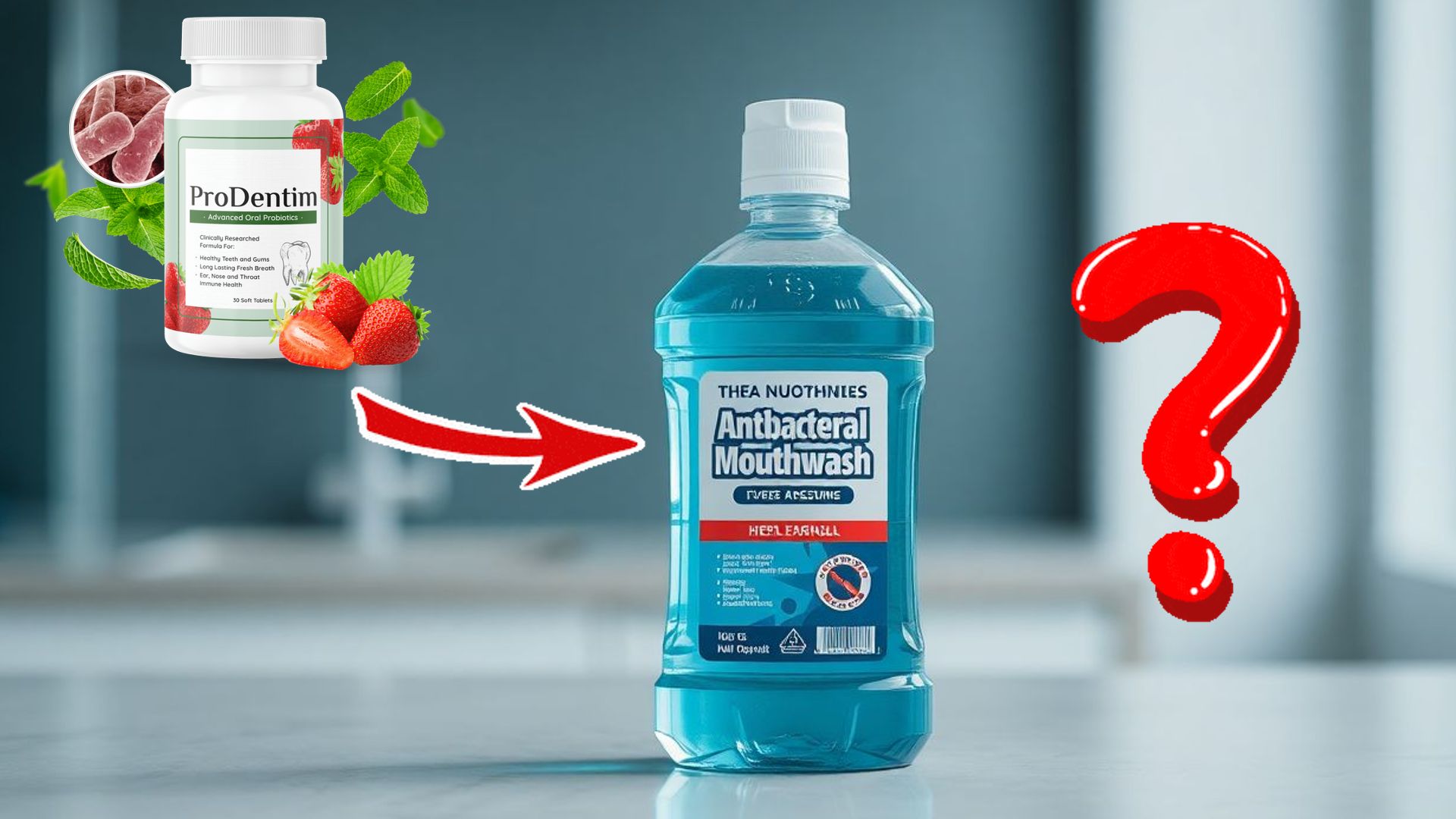 ProDentim vs antibacterial mouthwash comparison graphic.