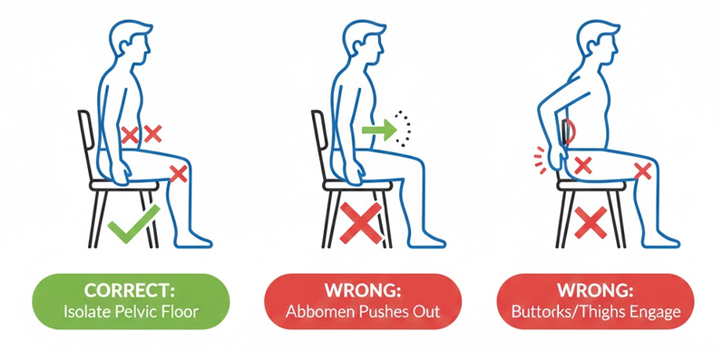 Visual guide showing correct vs. incorrect muscle engagement for pelvic floor exercises