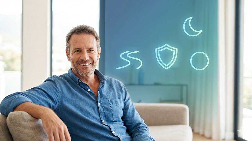 Prostate Health Hub featured image showing a healthy middle-aged man with icons representing urinary comfort, sleep, and long-term prostate support.