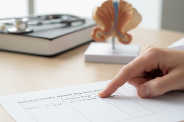 A doctor explains a PSA test result, highlighting the importance of reference ranges and context.