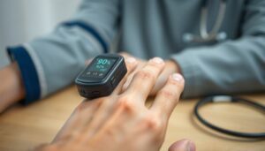 A pulse oximeter on a finger showing a normal SpO2 reading of 97% and a pulse of 72.