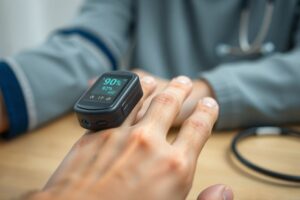 A pulse oximeter on a finger showing a normal SpO2 reading of 97% and a pulse of 72.