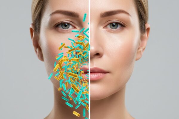 Illustration showing how gut health influences skin aging and wrinkle formation.