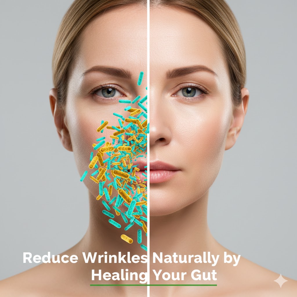 Illustration showing how gut health influences skin aging and wrinkle formation.